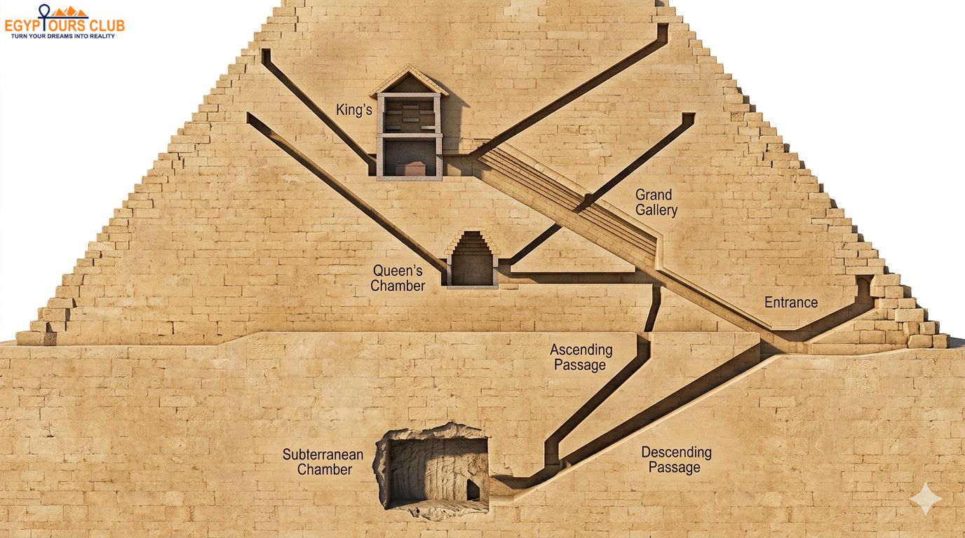 >Diagram-style cutaway of pyramid internal chambers including passages, known rooms, and hidden spaces