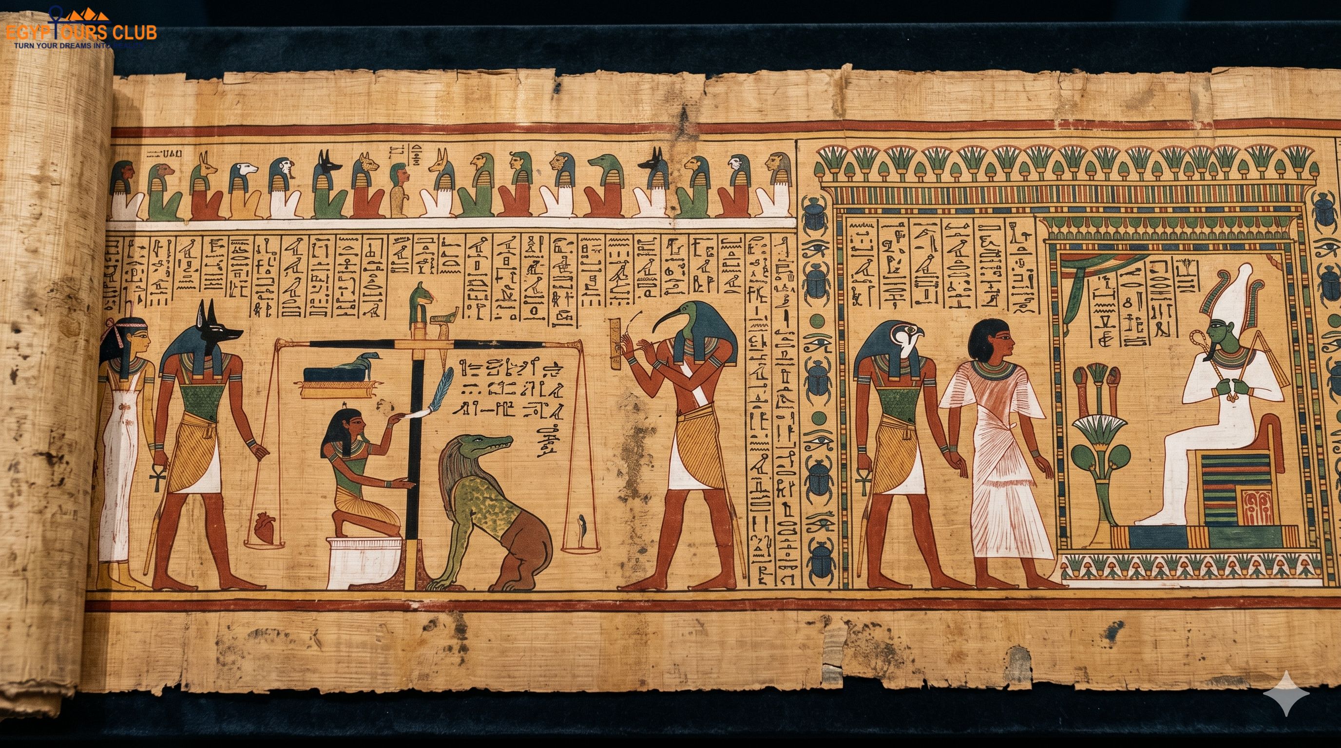 Close-up view of an illustrated Egyptian Book of the Dead papyrus 