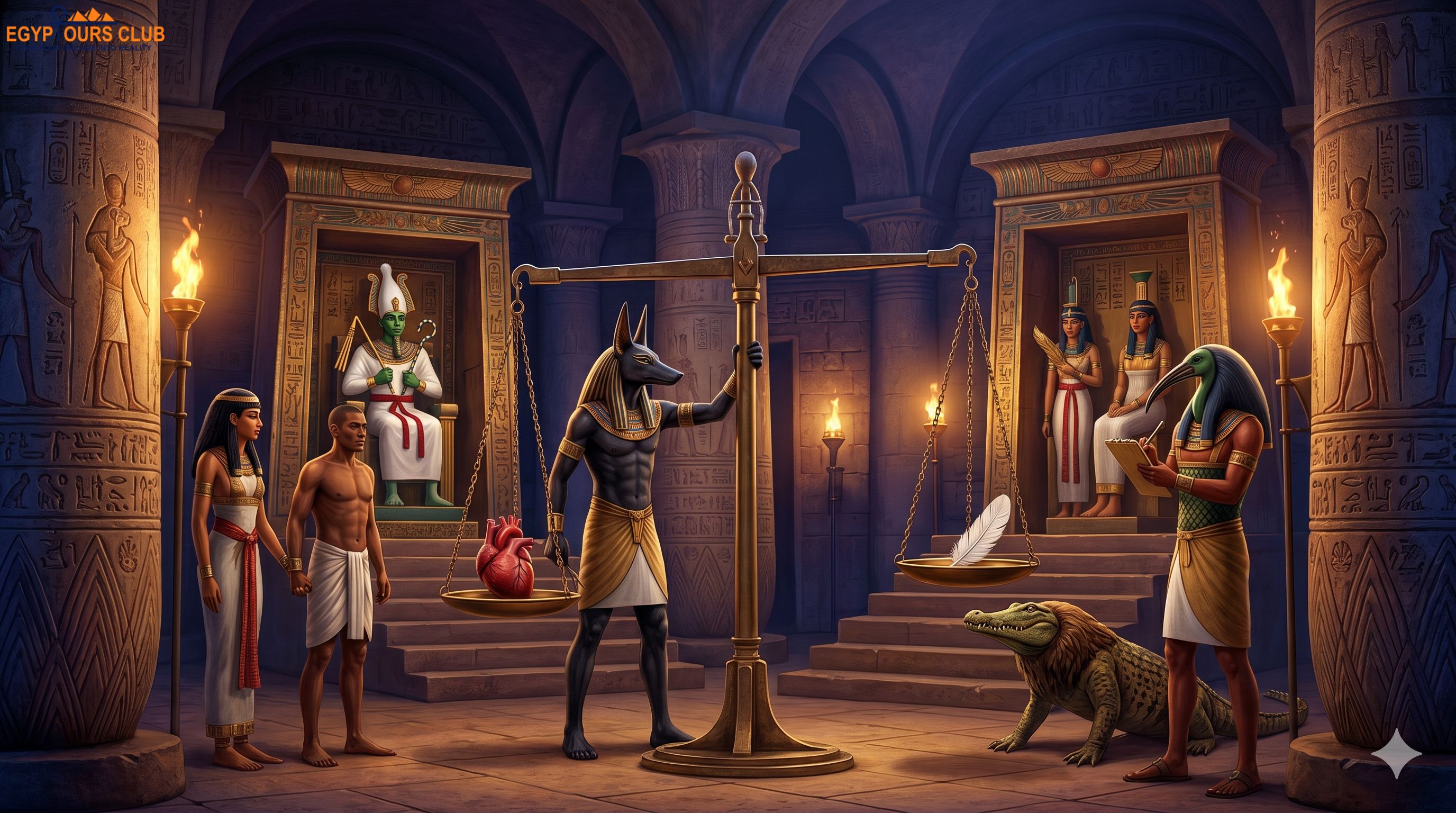 Ancient Egyptian weighing of the heart scene with Osiris and sacred scales 