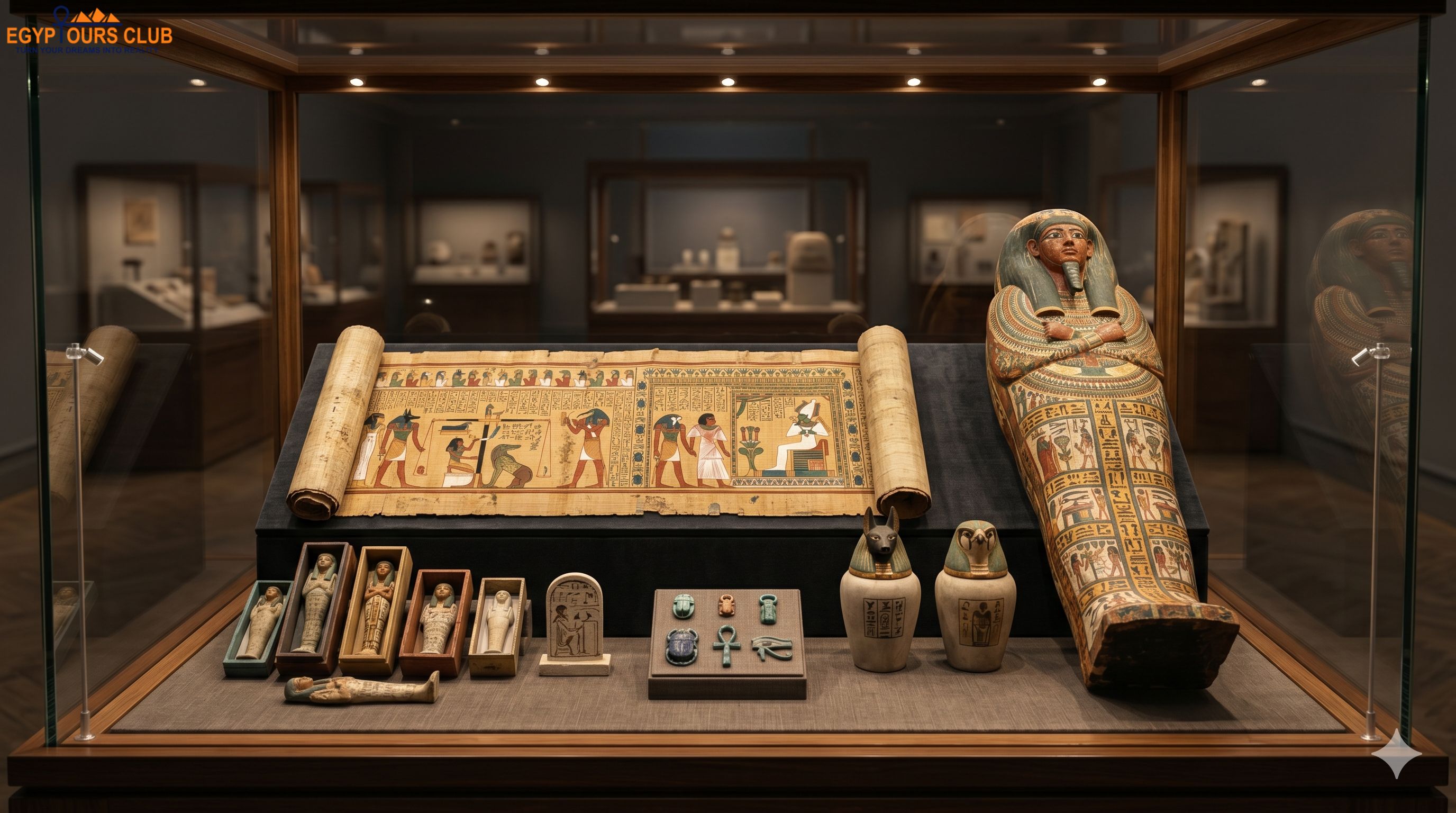 Ancient Book of the Dead scroll displayed beside a painted coffin and funerary objects 