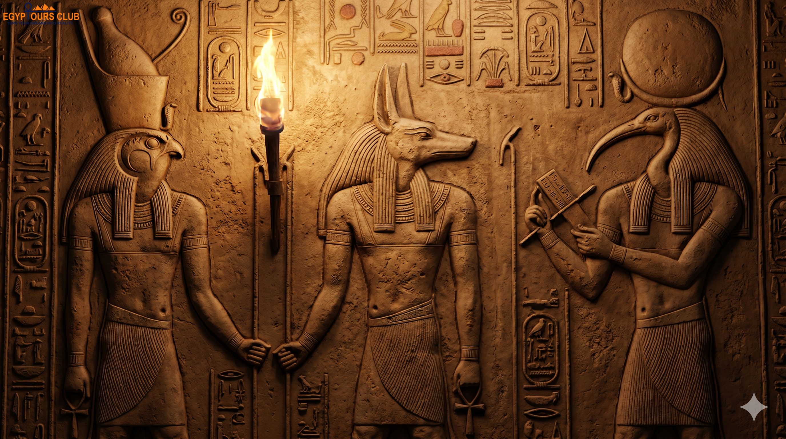 Temple relief showing animal-headed gods in ancient Egypt including Horus, Anubis, and Thoth