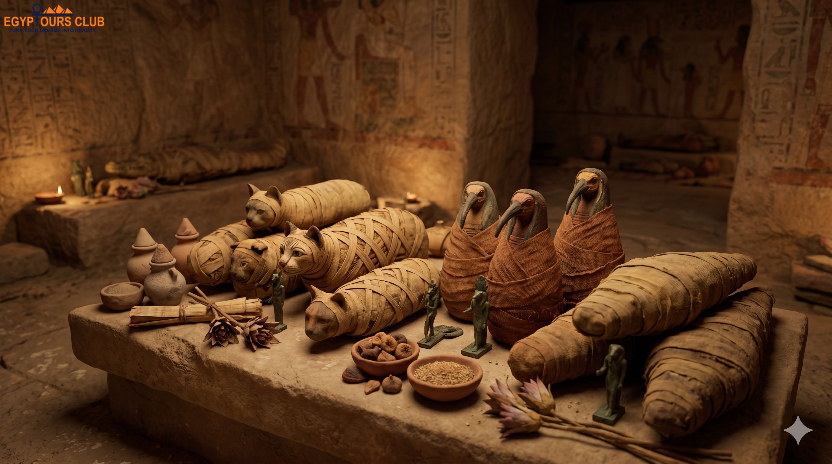Ancient Egyptian animal mummies including cats, ibises, and crocodiles in a funerary setting 