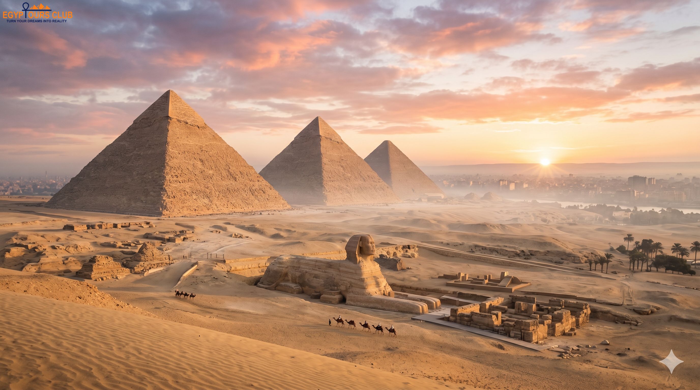 The Great Pyramid, the Sphinx, and the Giza Plateau at sunrise near Cairo 