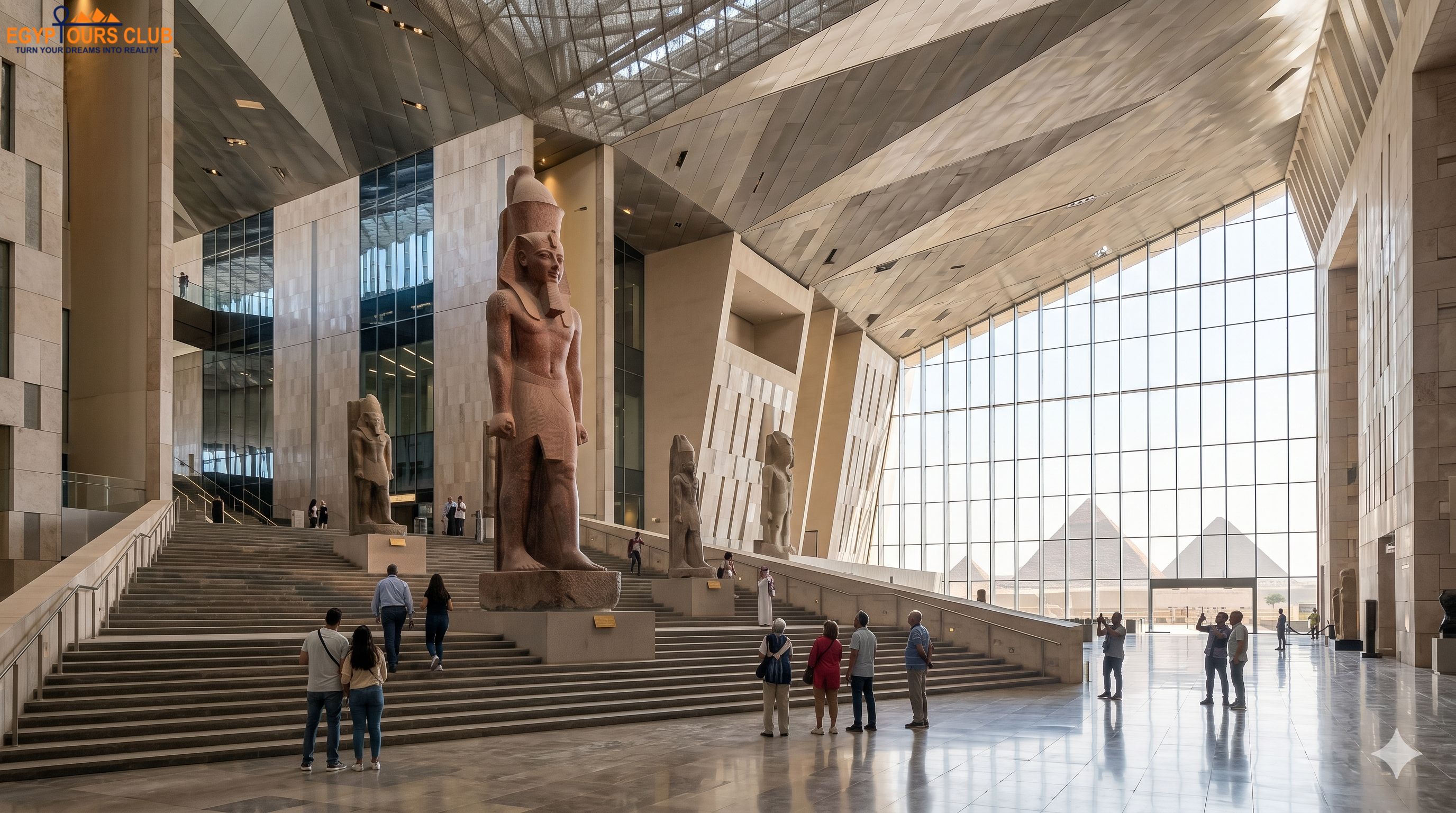 Travelers exploring a grand ancient Egyptian museum hall near the pyramids in Cairo