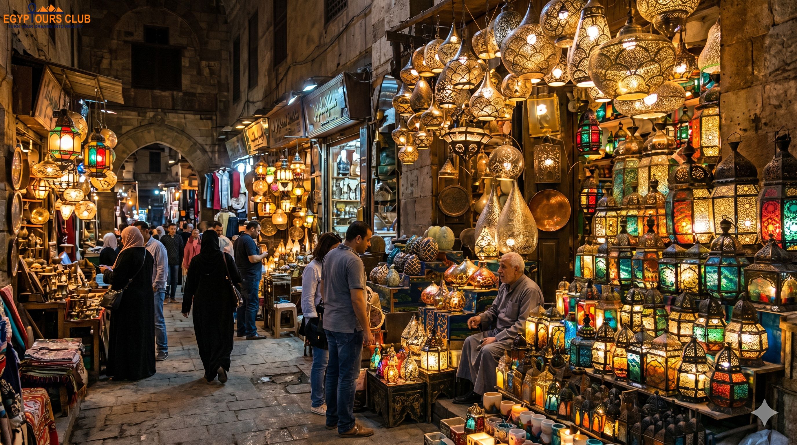 >Lantern-lit alley and traditional shops in Khan El Khalili market in Cairo