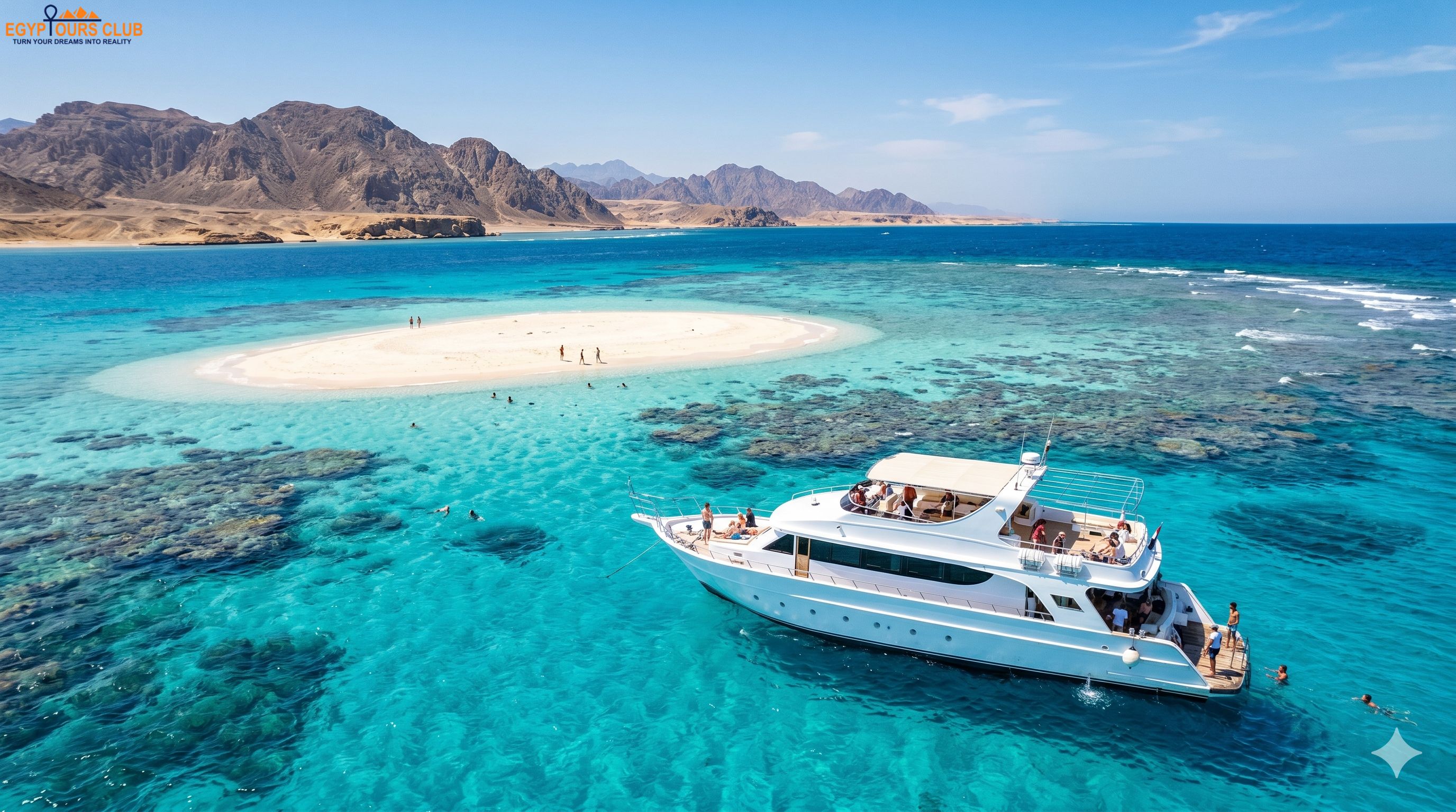 Boat excursion in turquoise Red Sea water near Ras Mohammed and White Island from Sharm El Sheikh