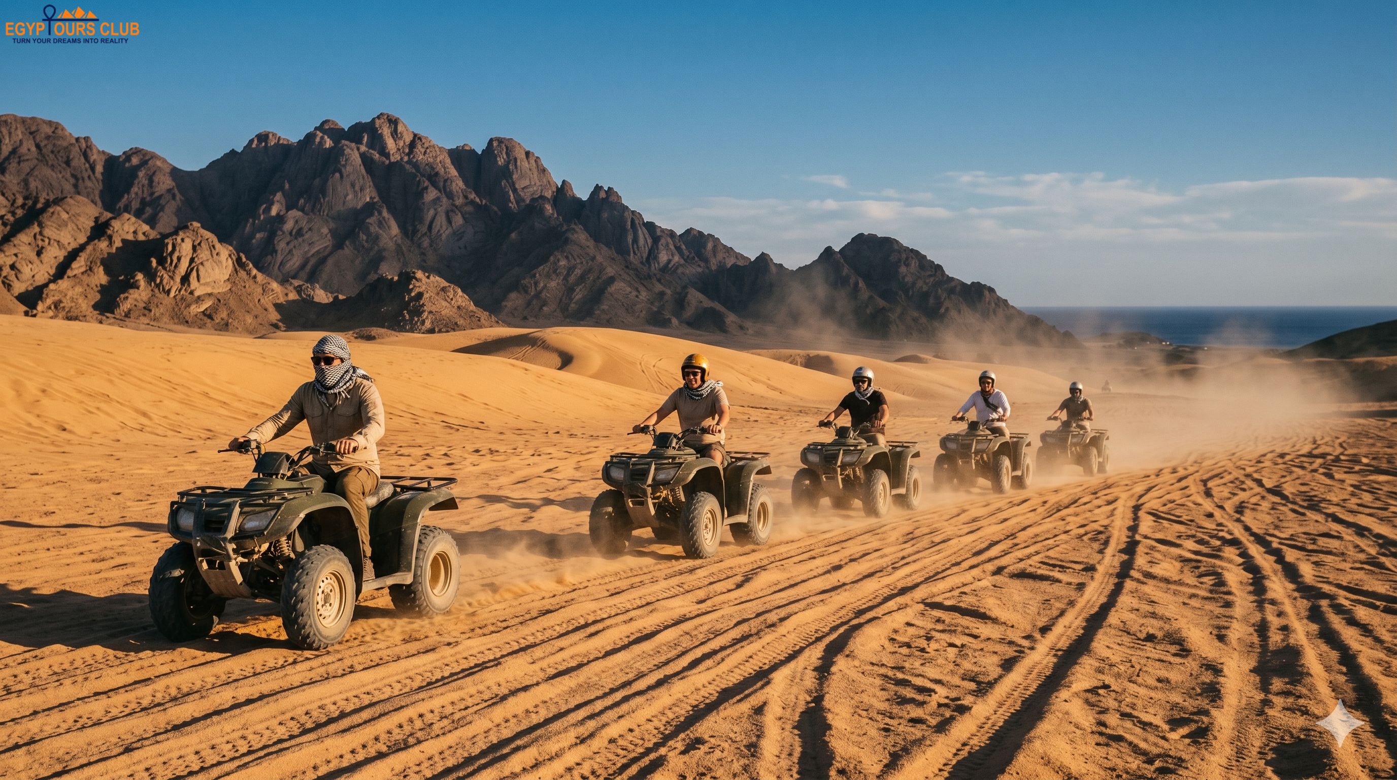 >Quad bikes crossing the Sinai desert during a safari tour from Sharm El Sheikh.