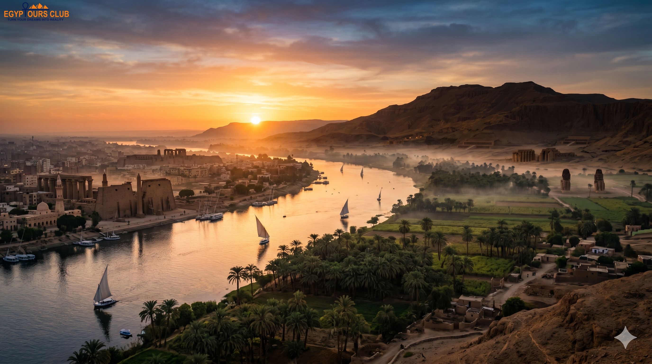 Sunrise panorama of Luxor with the Nile, temples, desert hills, and palm groves