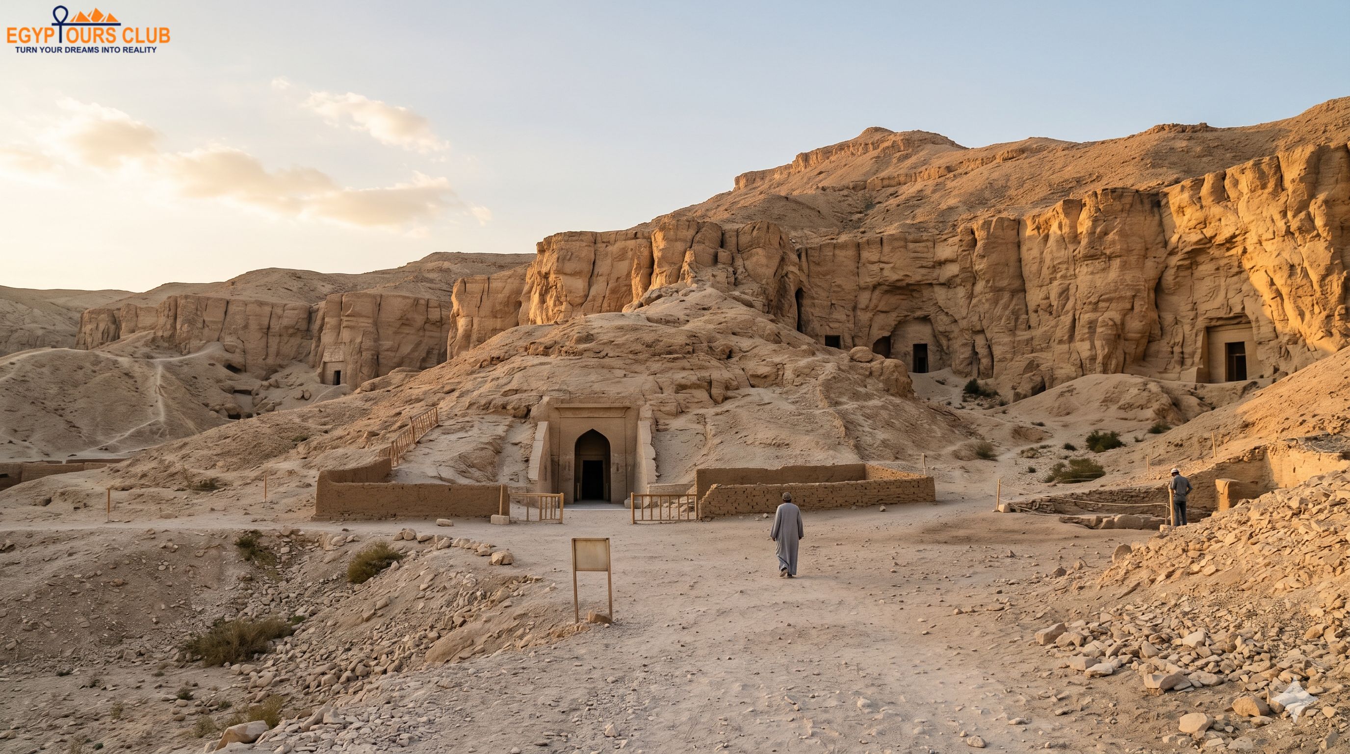 The West Bank necropolis in Luxor with desert cliffs and royal tomb entrances