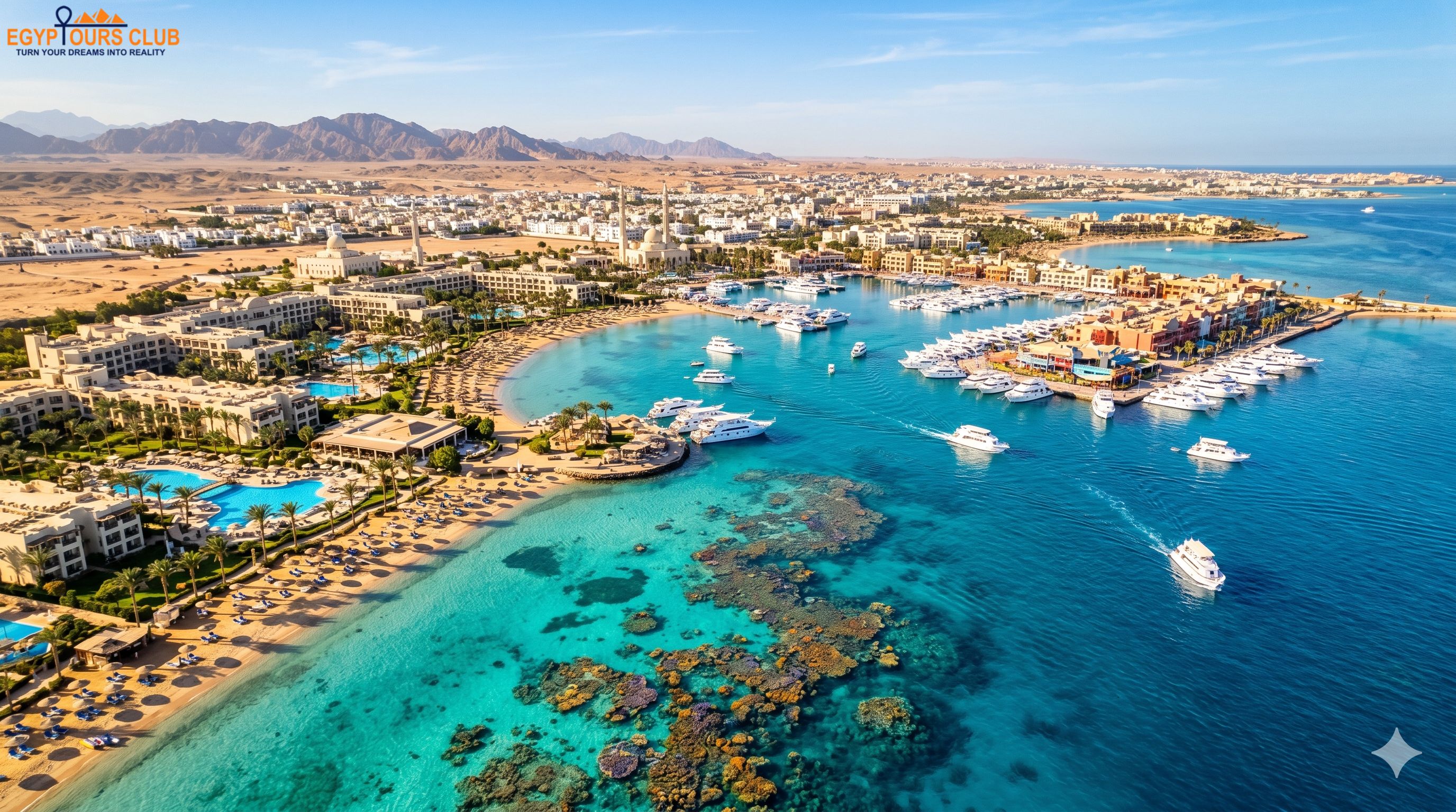 Aerial view of Hurghada with Red Sea water, boats, beach resorts, and sunny coastline