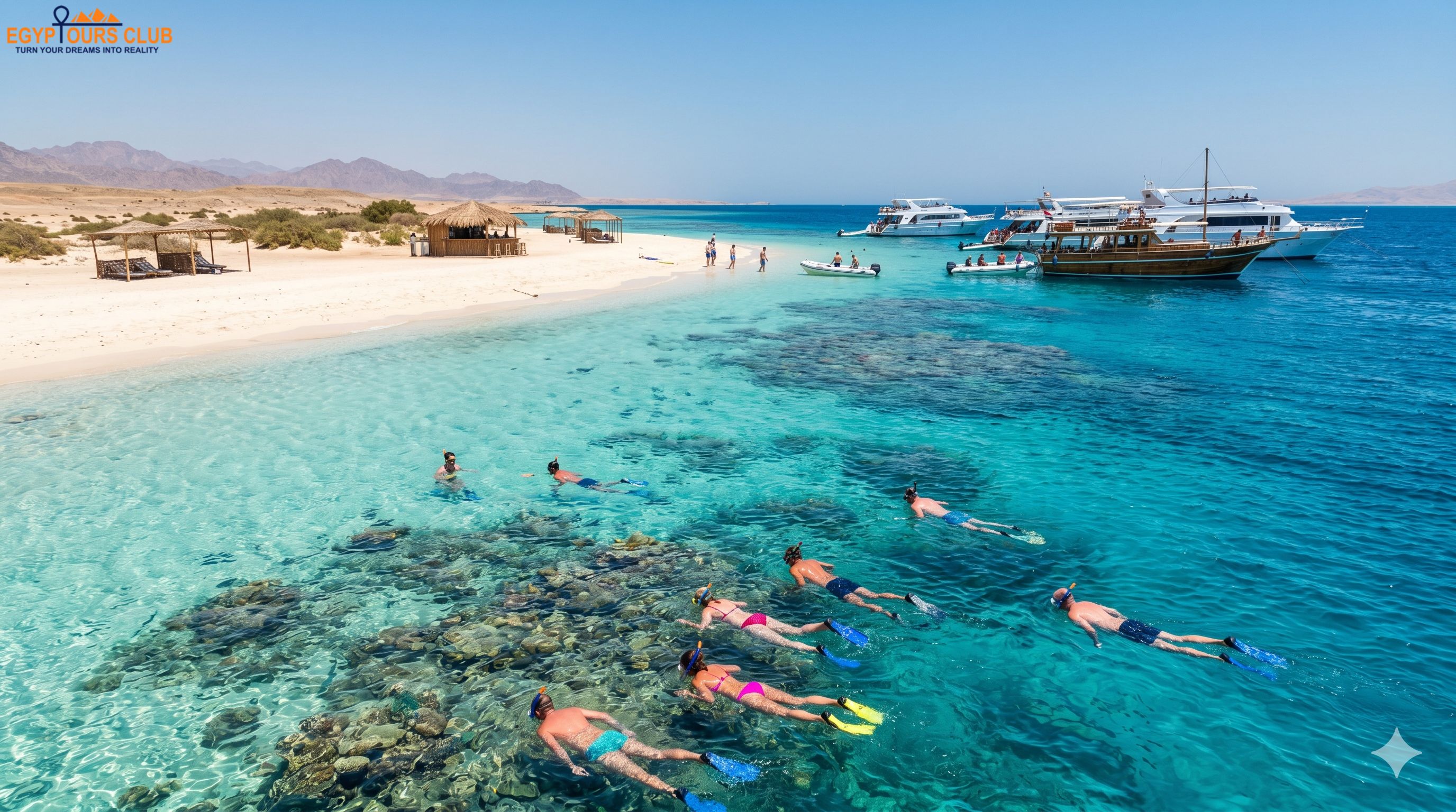 Excursion boats and turquoise water during a Red Sea island trip from Hurghada.