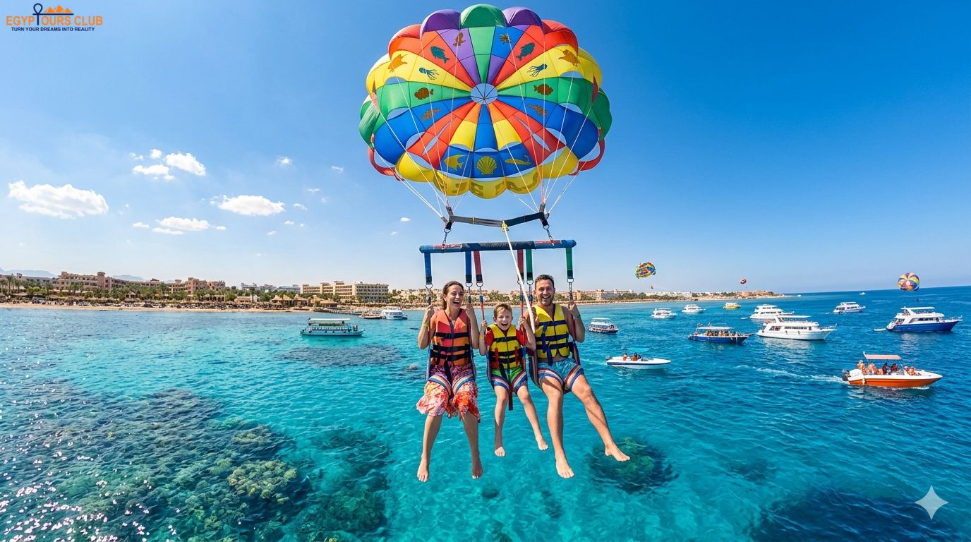 Parasailing and Red Sea water activities in Hurghada during a sunny holiday 