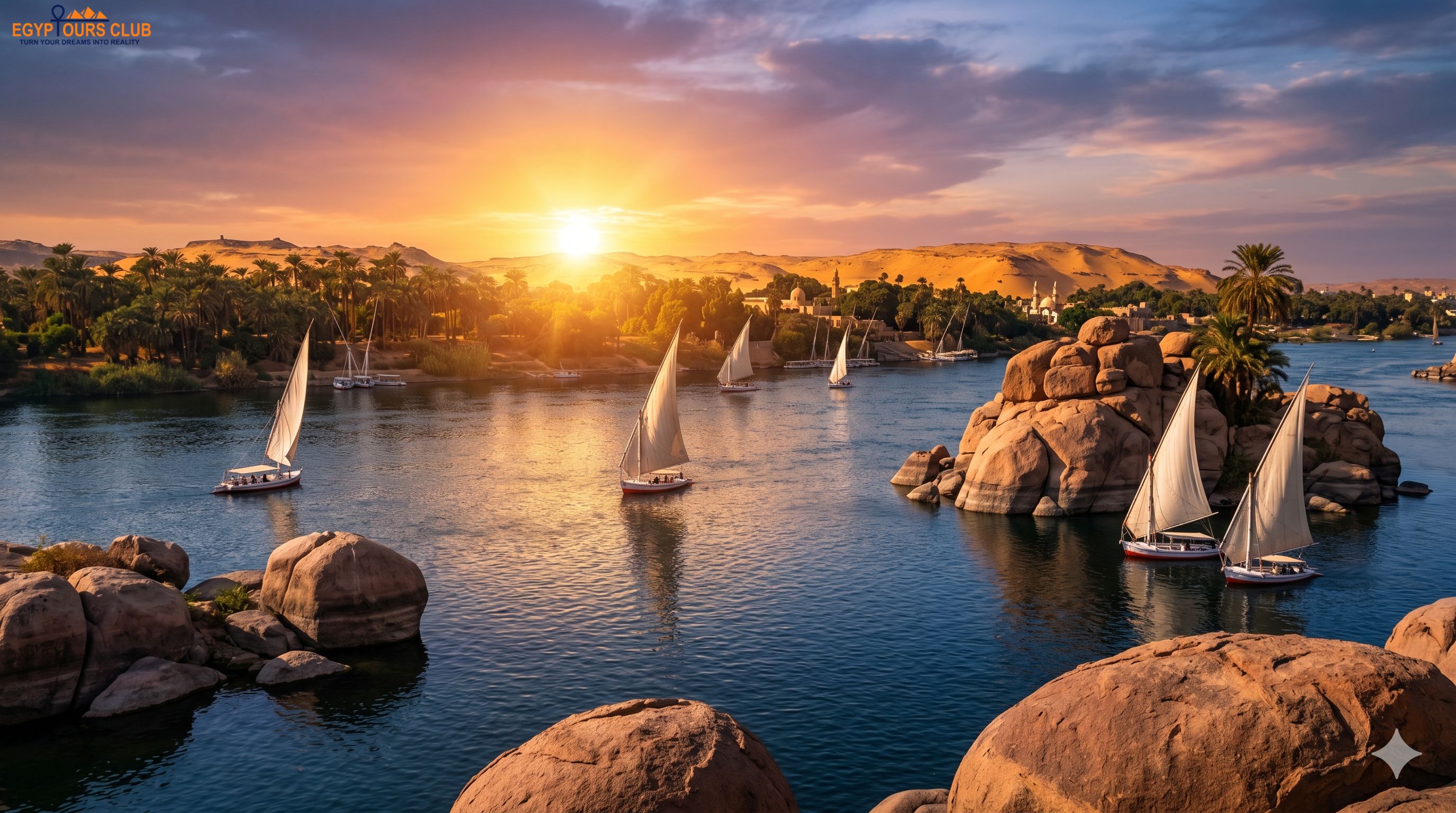 Scenic Nile view in Aswan with feluccas, riverbanks, and warm sunset light