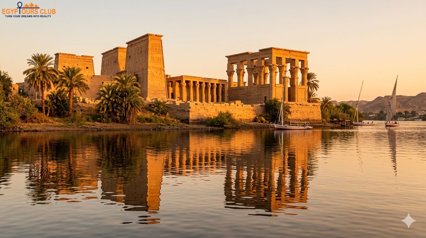 Philae Temple on Agilkia Island surrounded by Nile water in Aswan.
