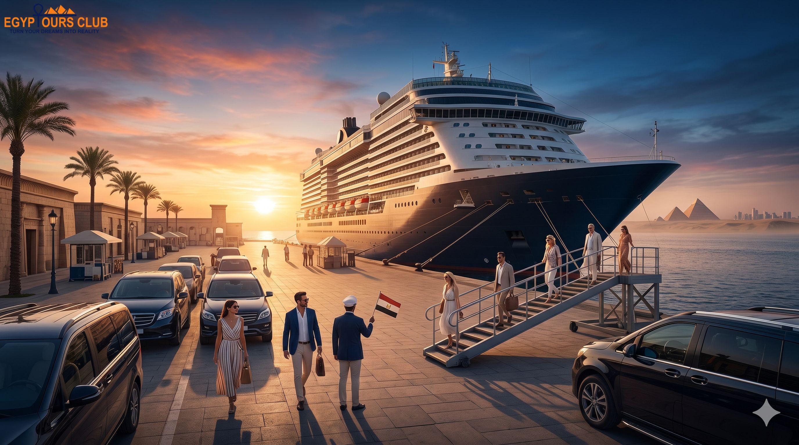 Cruise passengers arriving at an Egyptian port before starting a guided shore excursion to Cairo