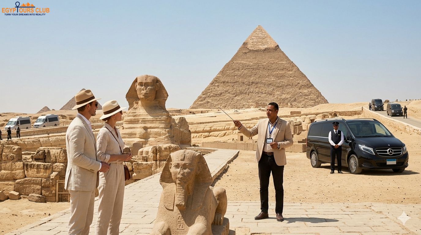 Cruise excursion travelers visiting the Pyramids during a Cairo day tour from an Egyptian port.
