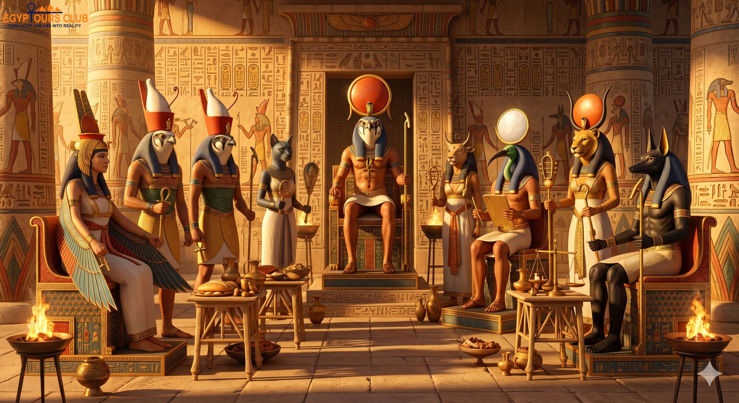 Ancient Egyptian gods and goddesses shown together in a sacred temple scene for a beginner guide to Egyptian mythology