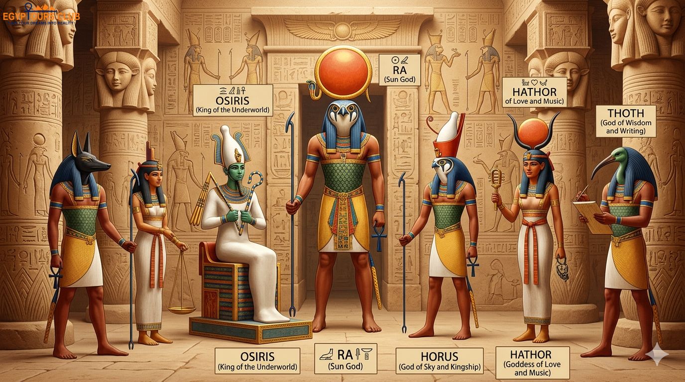 The most important ancient Egyptian gods including Ra, Osiris, Isis, Horus, and Anubis with their symbolic attributes
