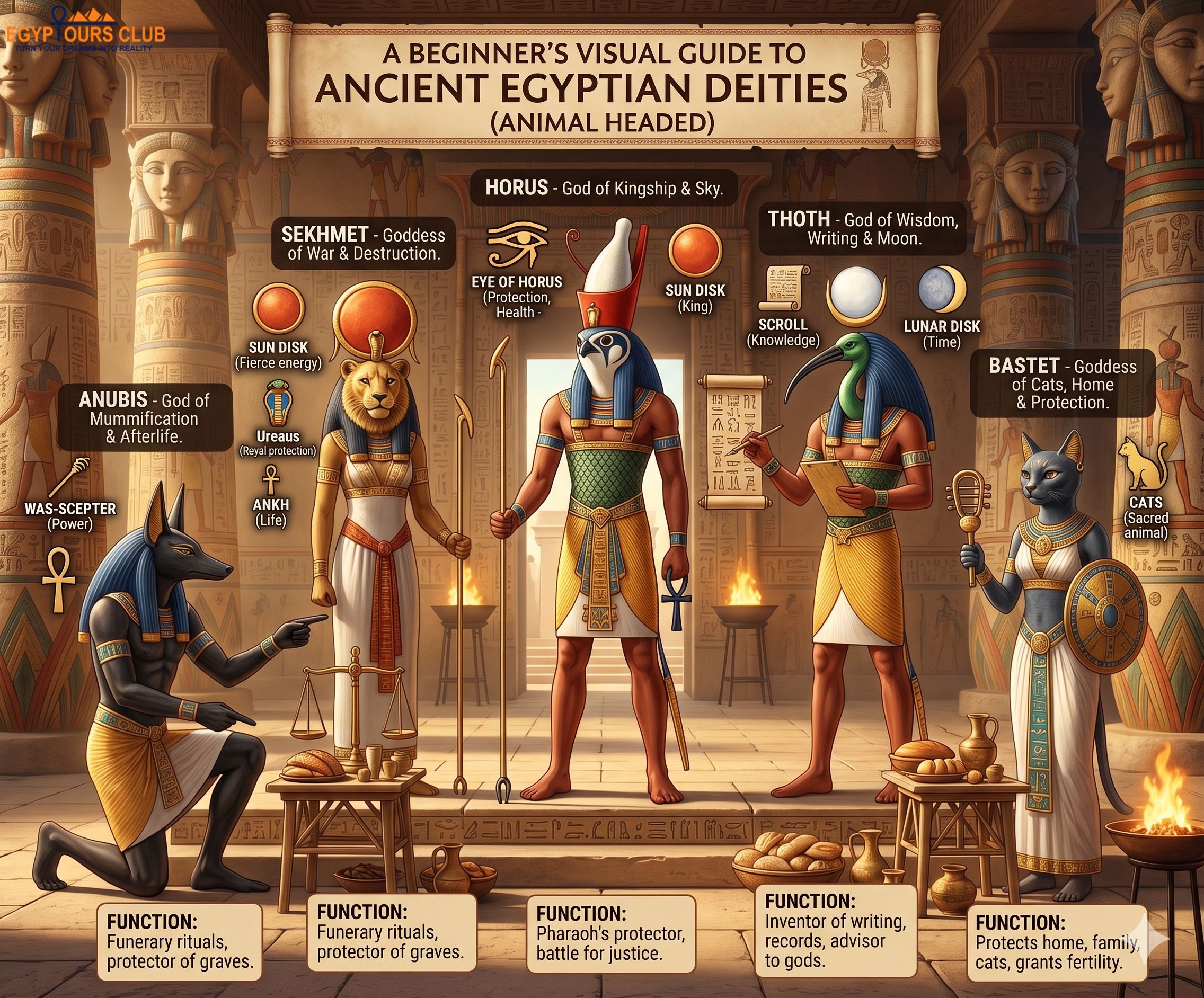 Ancient Egyptian gods with animal heads and sacred symbols explained visually for beginners