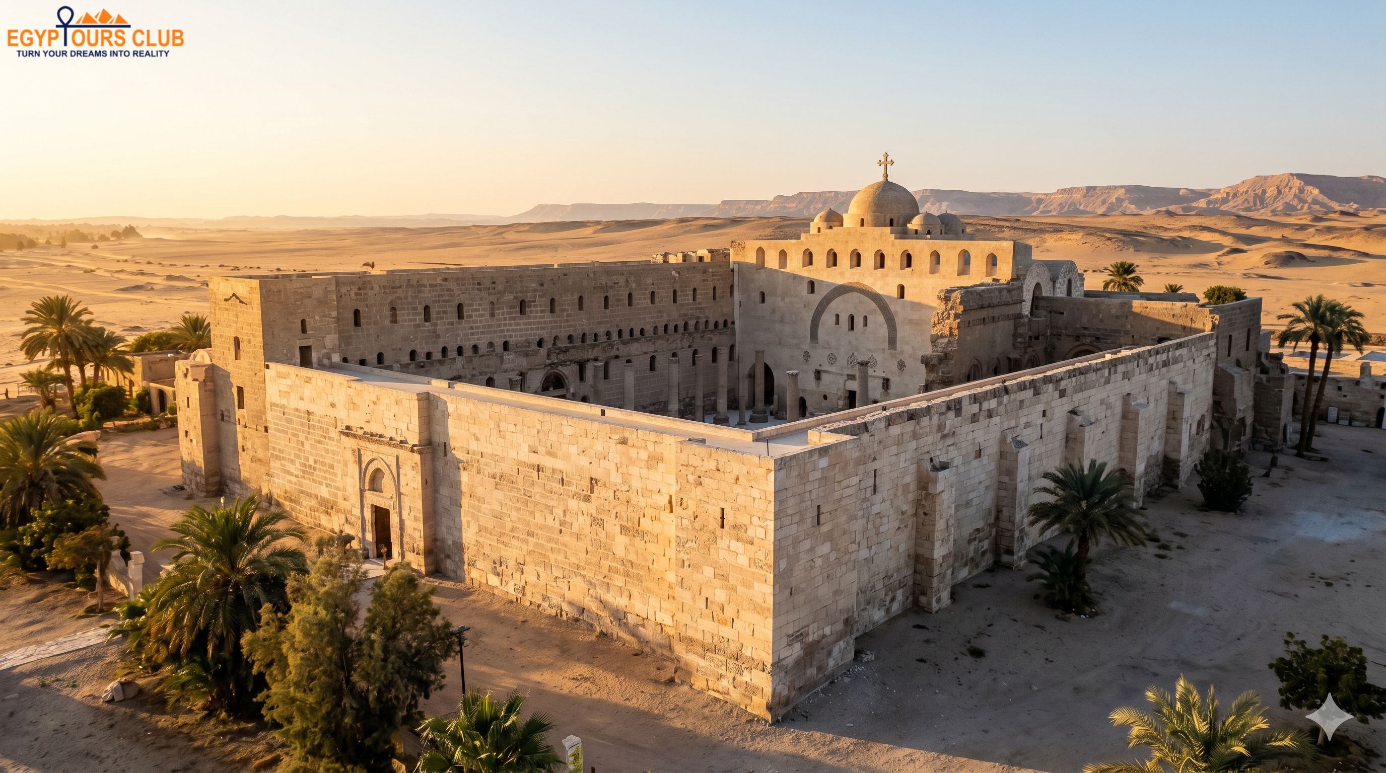 White Monastery Sohag Egypt showing the monumental white limestone exterior of St. Shenouda Monastery