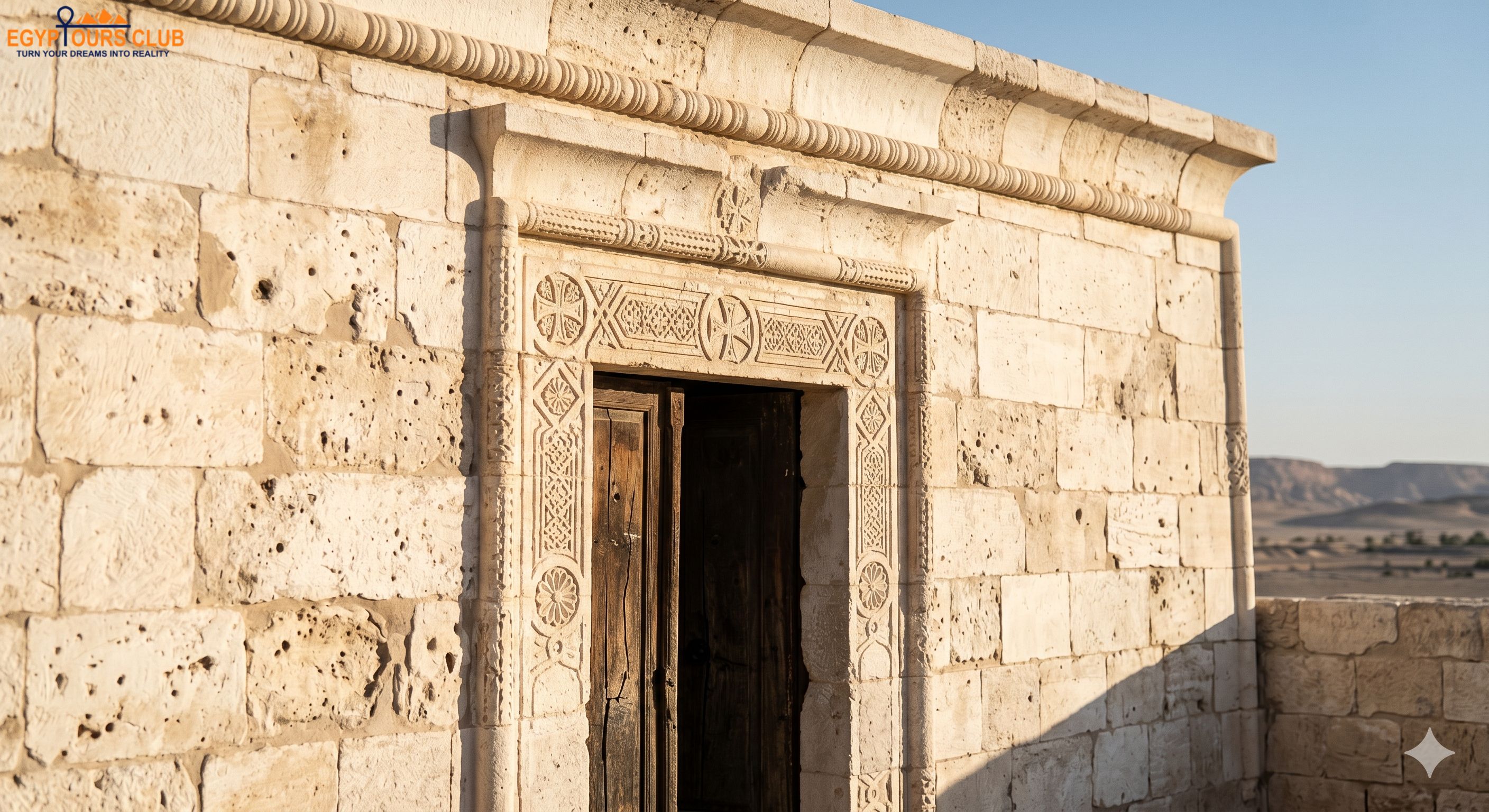 White Monastery church architecture in Sohag with white limestone walls and ancient Christian design details