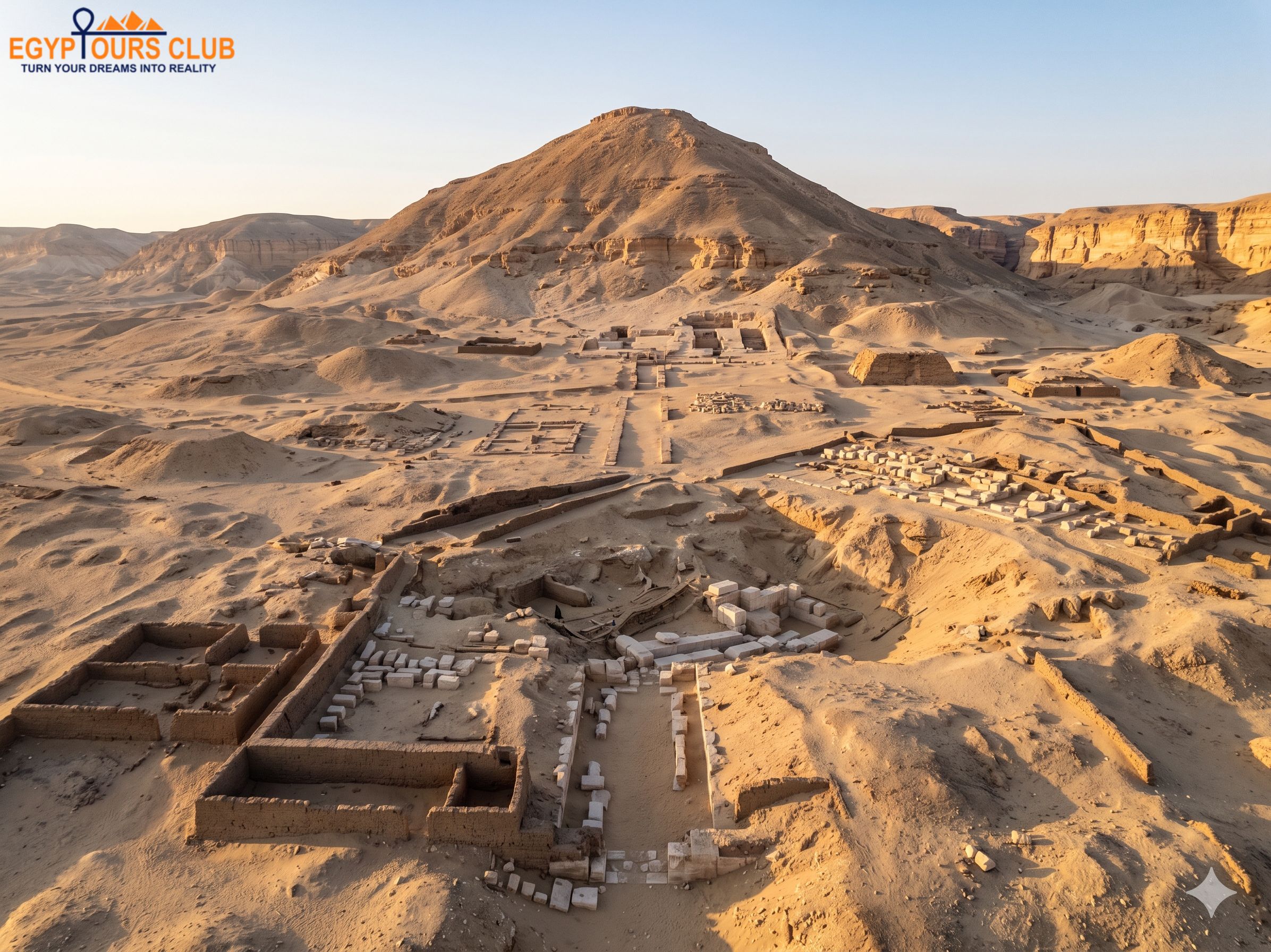 Senusret III tomb area in Abydos, Egypt, showing the desert necropolis and the sacred Anubis Mountain setting
